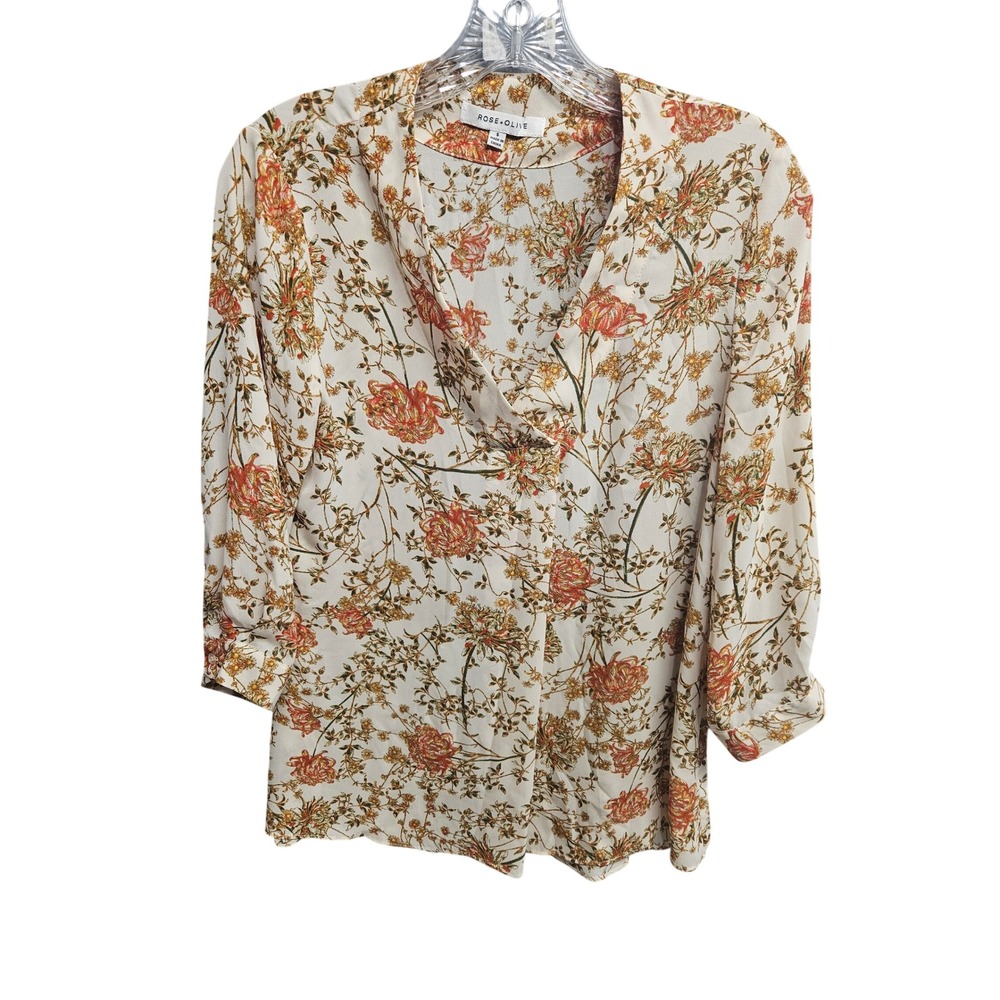 Rose + Olive Women Cream Orange Floral 3/4 Sleeve V-Neck Blouse Top Small